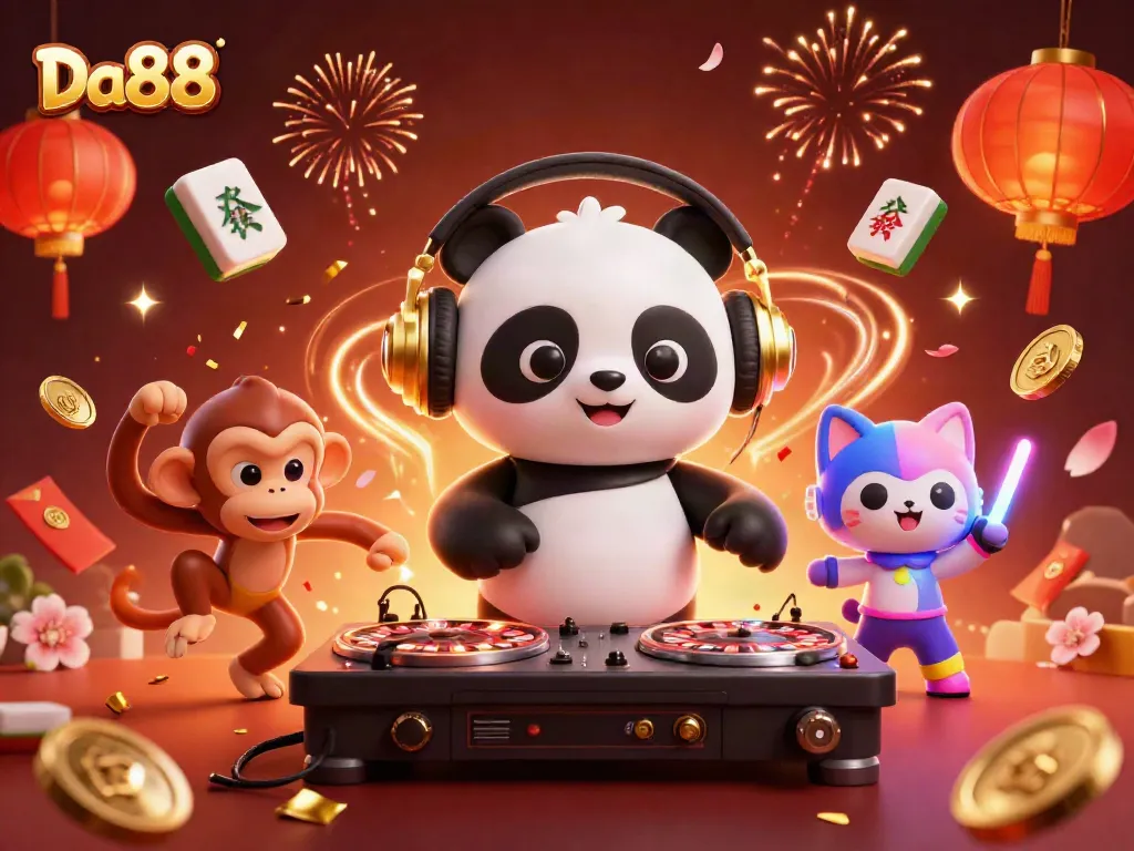 Experience excitement at Da88 with a dynamic scene featuring a DJ panda spinning roulette wheels and energetic characters.