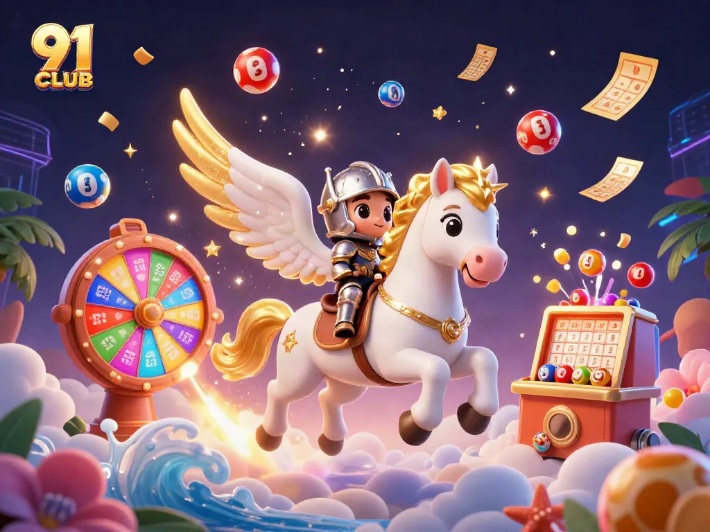 Engage with the thrilling 91 CLUB LOGIN experience, featuring vibrant lottery elements and a magical knight on a celestial horse.