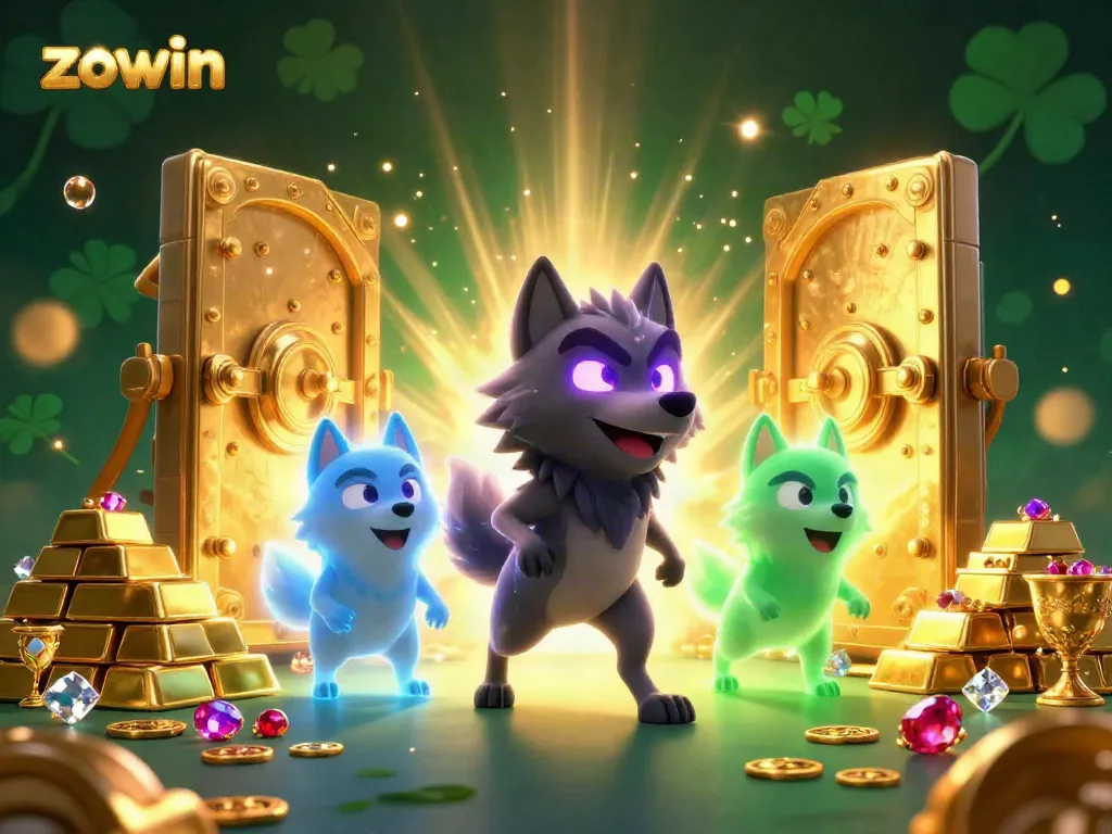 Experience the thrill with zowin as the ghostly wolf pack leader shines among treasure and dazzling gems.
