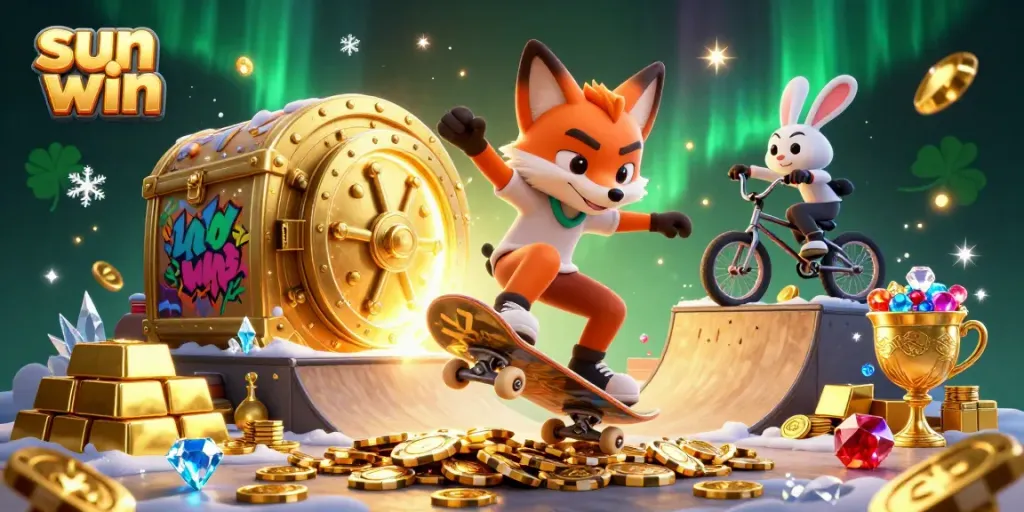 Experience winning thrills at sun win with a vibrant scene of animated characters and casino treasures.