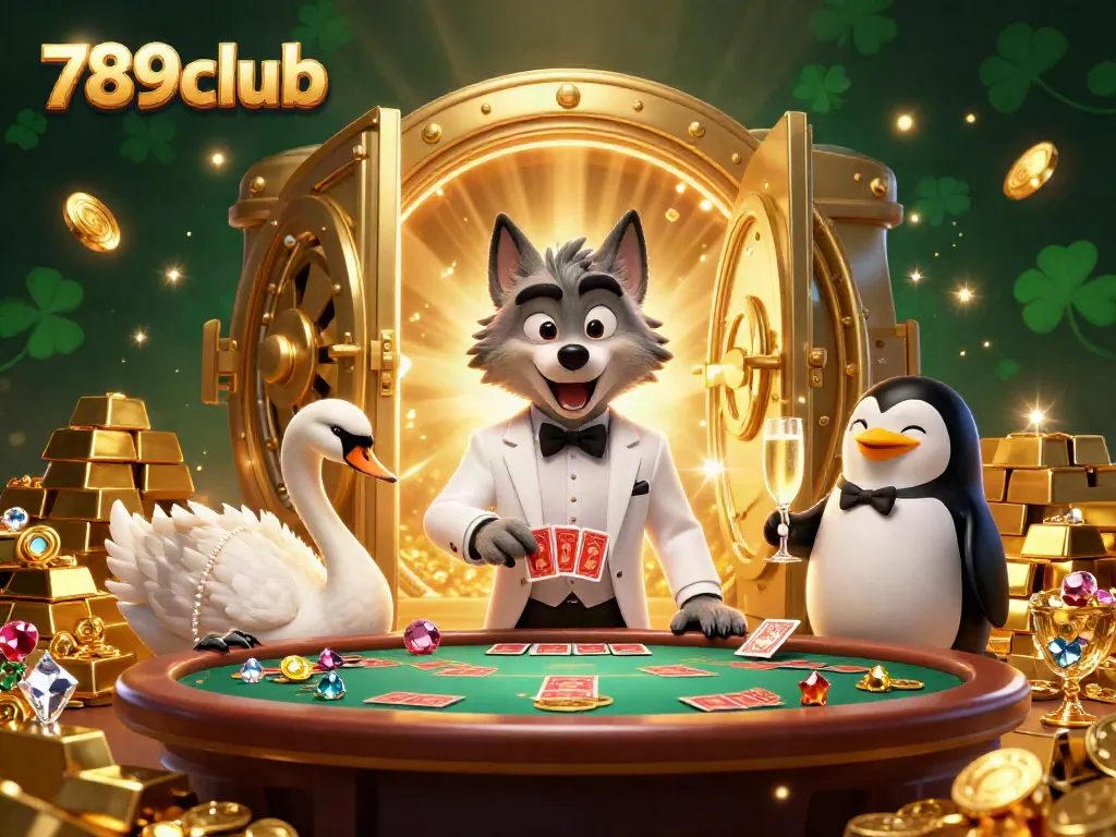 Engage in thrilling fun at 789club with a vibrant 3D casino scene featuring a wolf, swan, and penguin presenting an exciting gambling atmosphere.