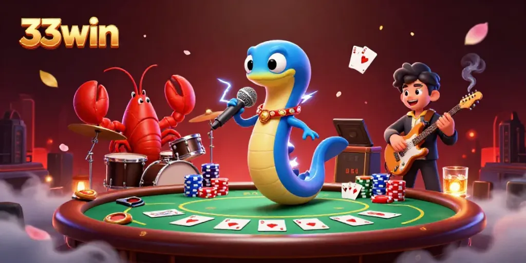 Experience thrilling underwater casino excitement with 33win's vibrant illustration, featuring electric eel DJ and vibrant game elements.