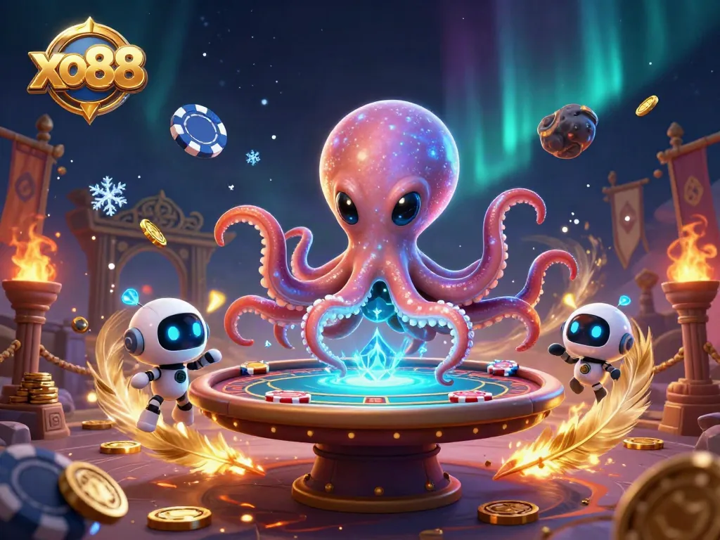 Experience thrilling gaming action with xo88 as an alien octopus navigates a holographic poker table.