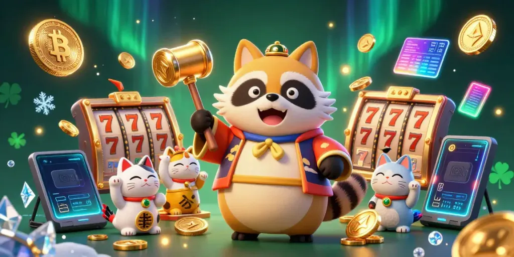 Engage in the exciting world of s8 with a colorful scene featuring a cheerful tanuki and dynamic casino elements.