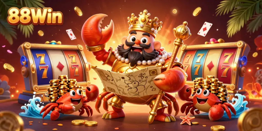 Celebrate wins at 88Win with a golden crab emperor amidst vibrant casino elements.