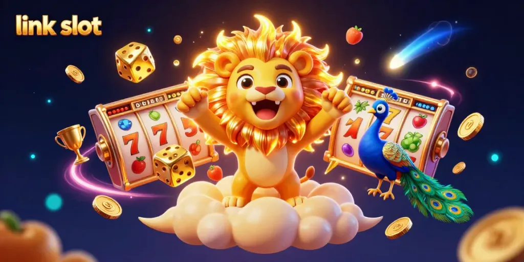 Engage with the link slot gaming experience featuring a vibrant scene with a lion and exciting casino elements.