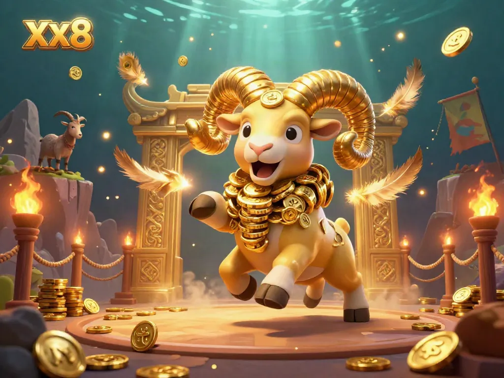 Experience the excitement of XX8 with golden ram at a vibrant casino arena filled with coins and game elements.