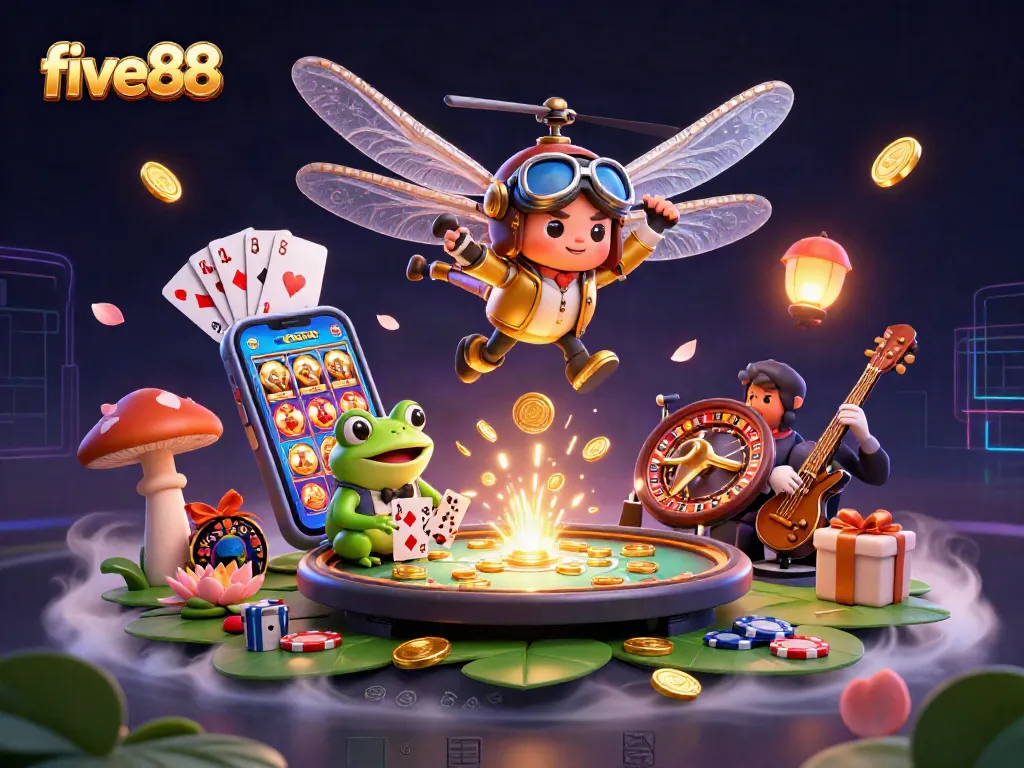 Engage in thrilling five88 casino action with lively characters at a dynamic lily pad casino.