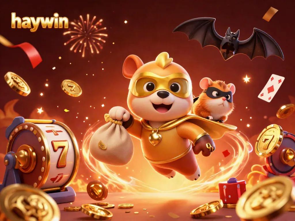 Experience the thrill of haywin casino with cartoon superheroes and vibrant symbols in a festive 3D scene.