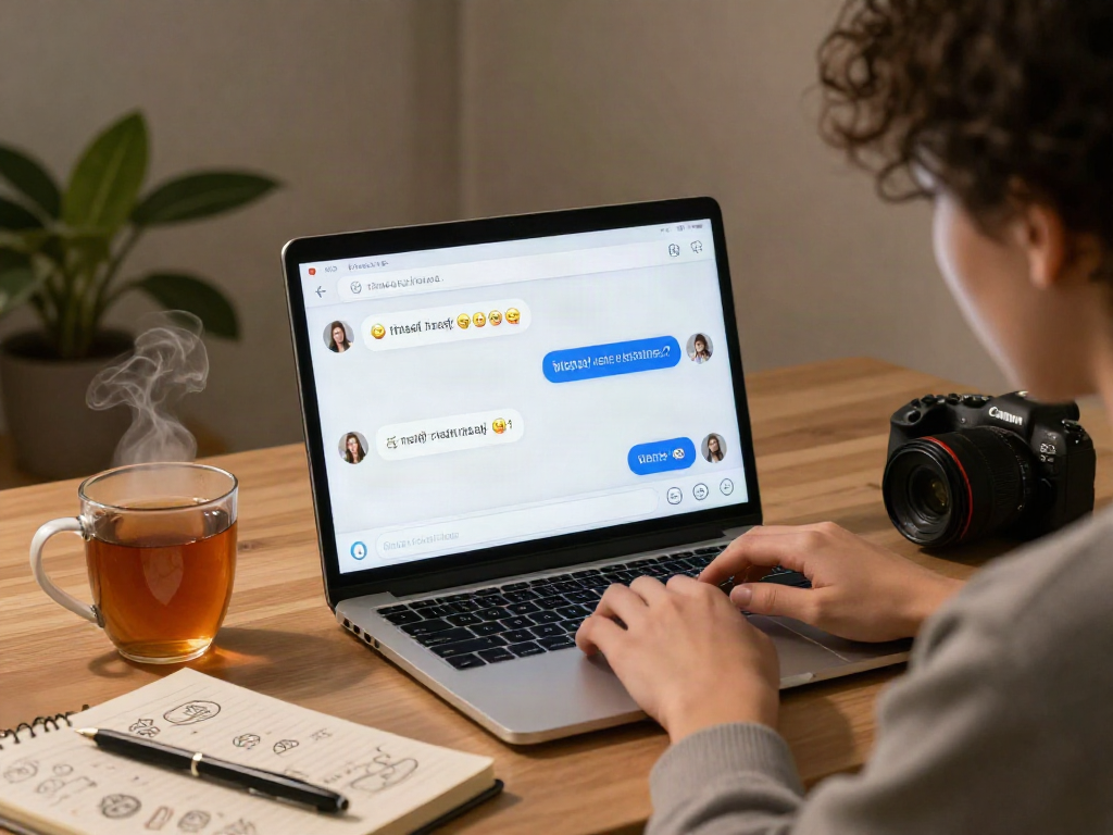 Engaging nsfw AI chat interaction in a cozy home office, laptop displayed with playful conversation.