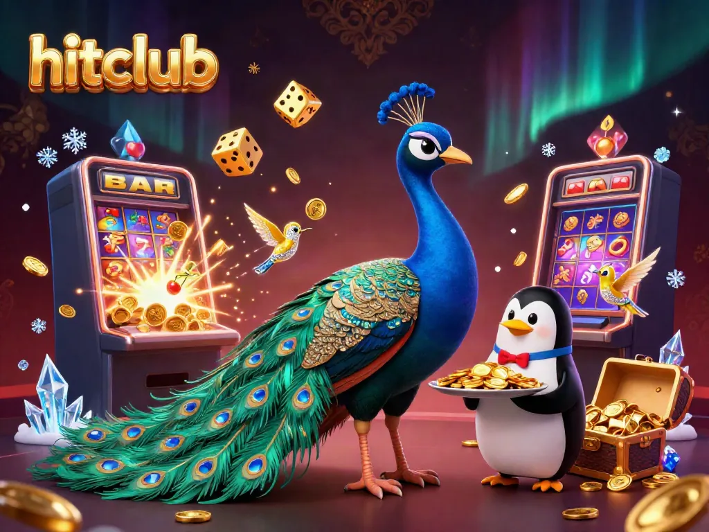 Experience the excitement of hitclub with a vibrant 3D scene featuring an aristocratic peacock, golden chips, and slot machine jackpots.