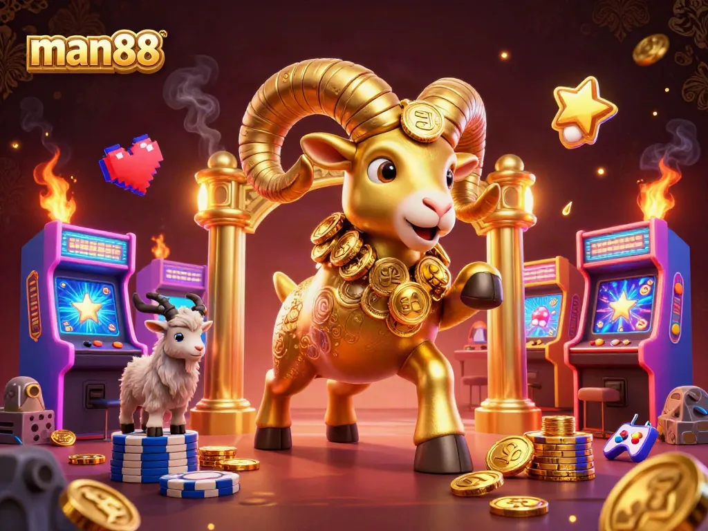 Experience the thrill of man88 with a golden ram charging into a dynamic casino scene filled with vibrant gaming elements.