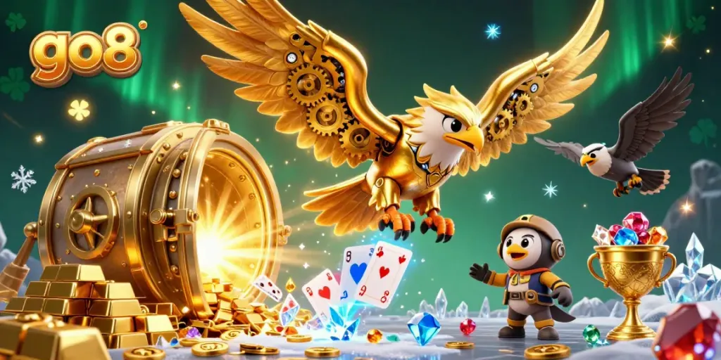 Experience thrilling gaming at go8 with a dynamic golden eagle soaring through holographic cards amidst treasures.
