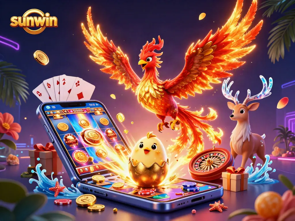 Engage with Sunwin's thrilling gaming experience featuring a vibrant phoenix and casino elements.