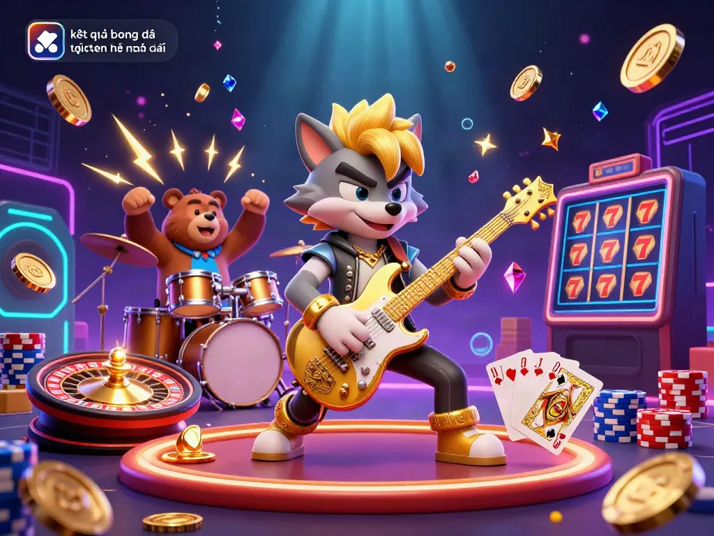 Experience kết quả bóng đá trực tuyến kèo nhà cái with a lively casino scene featuring a rock star wolf guitarist.