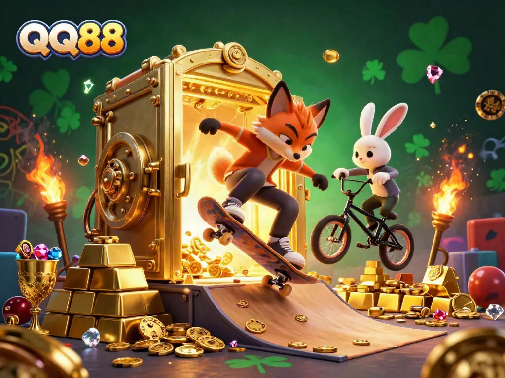 Experience the thrill of QQ88 with a vibrant 3D depiction of a fox skateboarder and rabbit BMX rider amidst a cascade of casino treasures.