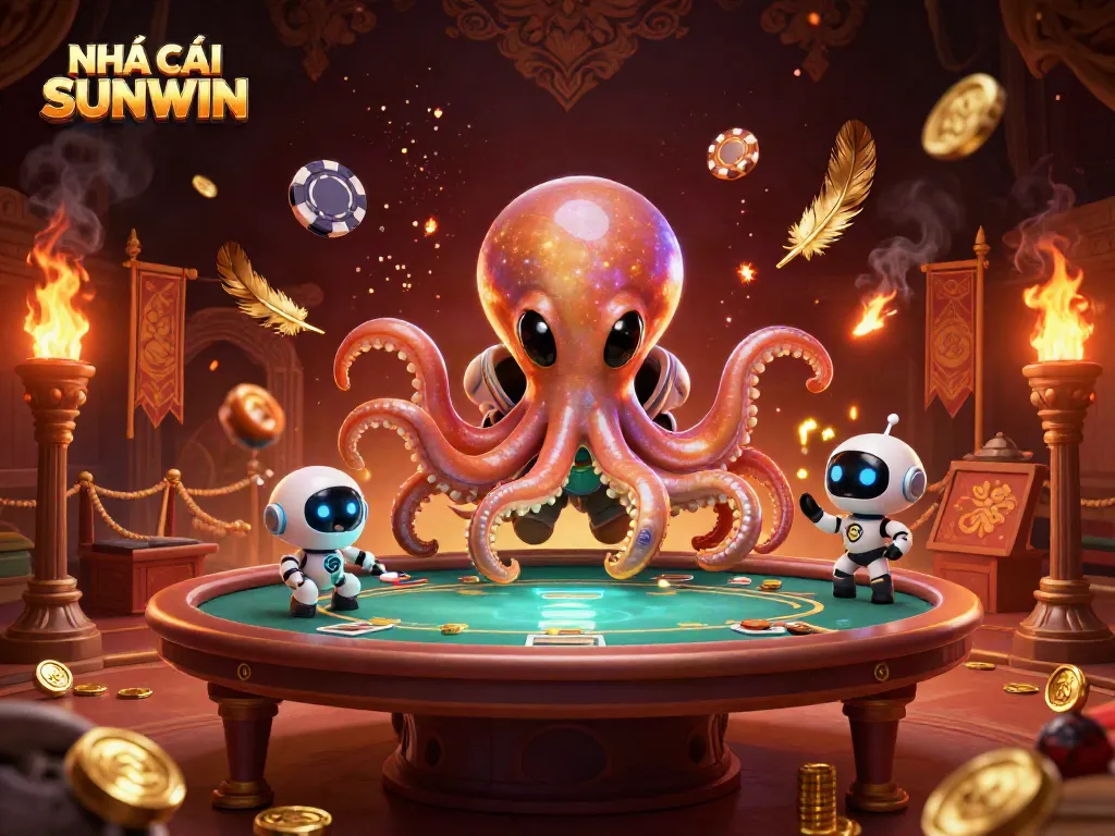 Engaging scene with NHÀ CÁI SUNWIN as a playful alien octopus masters a futuristic poker setup with vibrant cosmic elements.