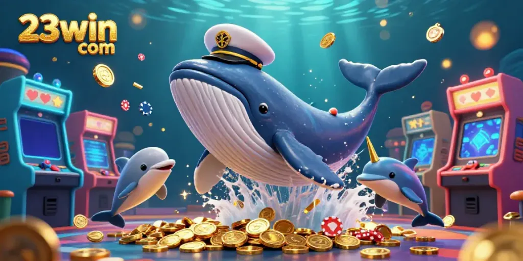 A giant whale representing 23win com dives into coins, surrounded by vibrant gaming elements.