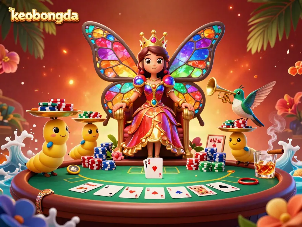 Experience thrilling poker moments with keobongda's animated butterfly queen and vibrant poker elements.