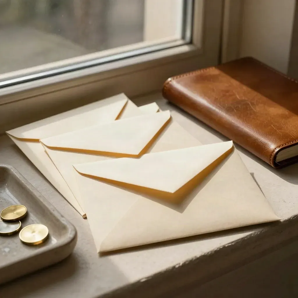 Sealed envelopes, closed address book, and brass tokens on a stone tray in warm window light.