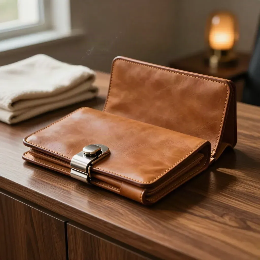 Two tan leather deal cases with a metal clasp on walnut, lit by late sun in a cosy finance office.