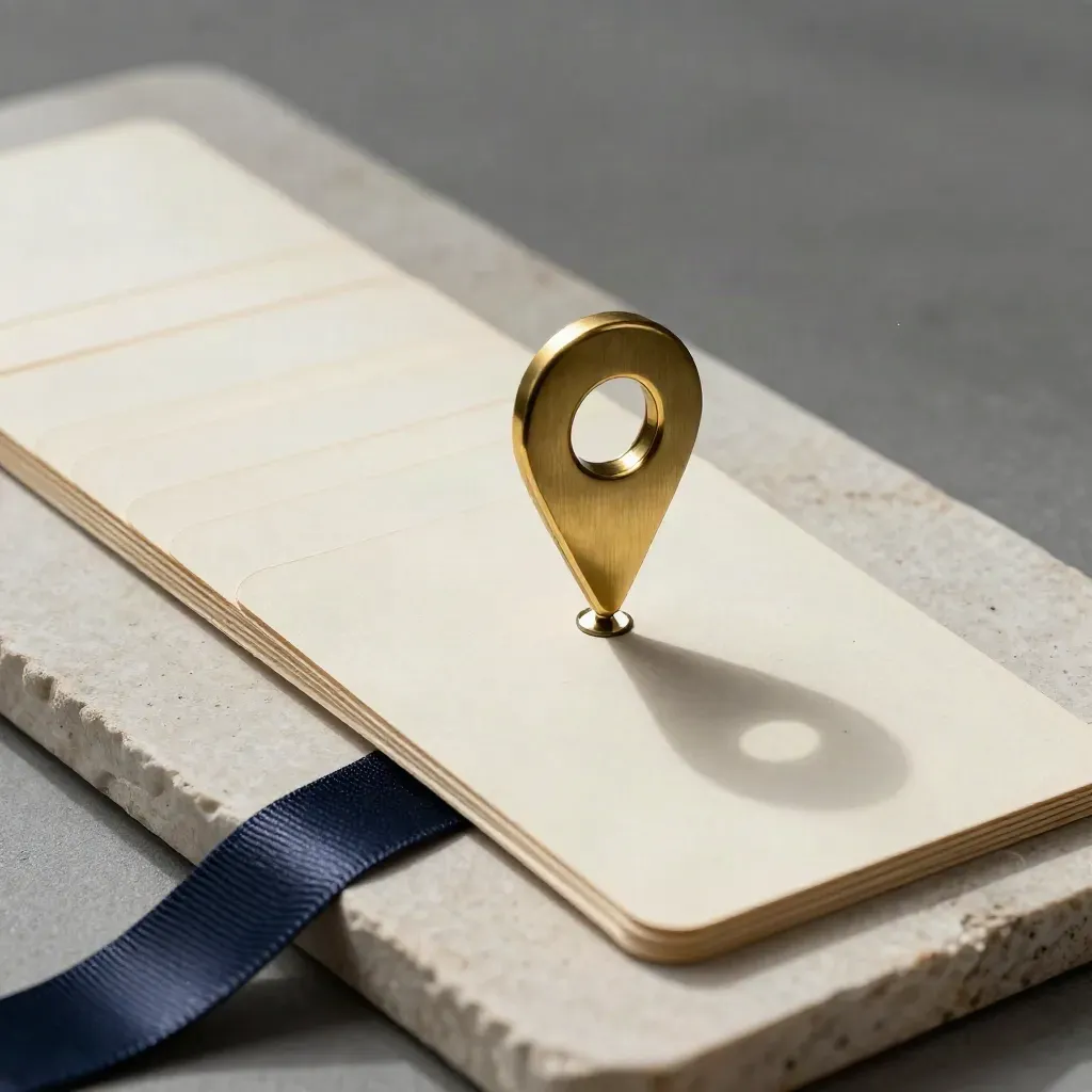 Brass locator pin, route ribbon and staggered property cards on a pale stone board