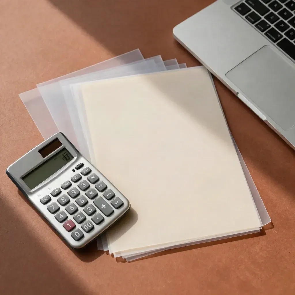 Top-down financial modelling still life with calculator, acetate sheets, tab dividers, and closed laptop.