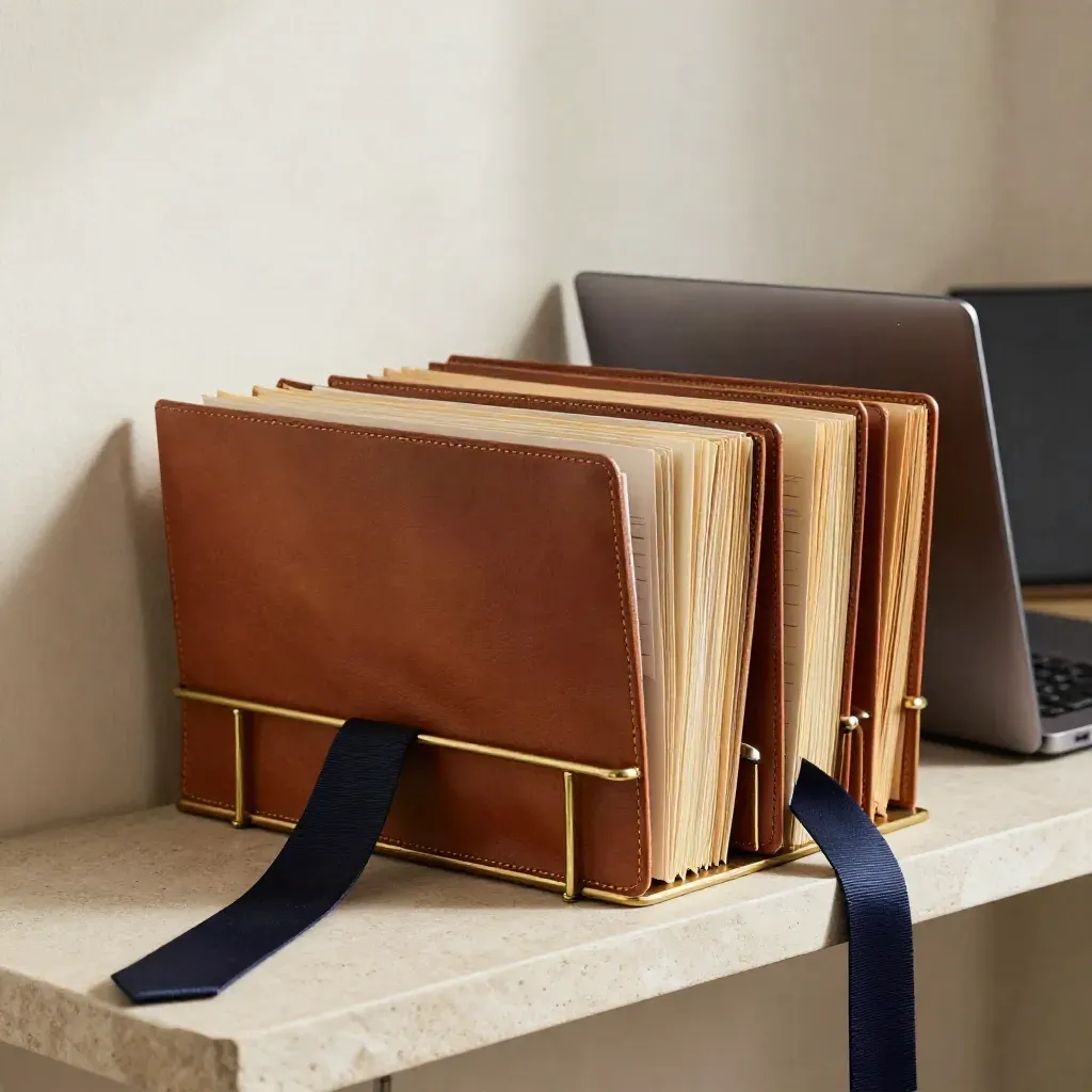 Sealed acquisition folders mid-slide into a brass rail beside a closed laptop on pale stone.