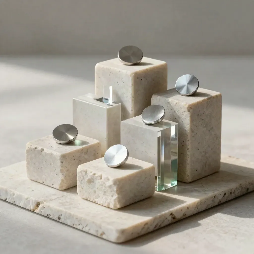 Stone portfolio blocks with acrylic spacers and silver reserve tokens on pale limestone.