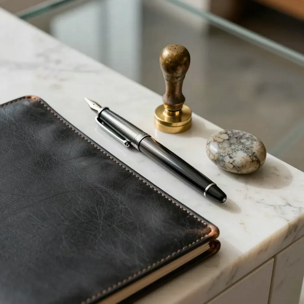Overhead macro of leather folio, brass seal, pen and stone paperweight on travertine.