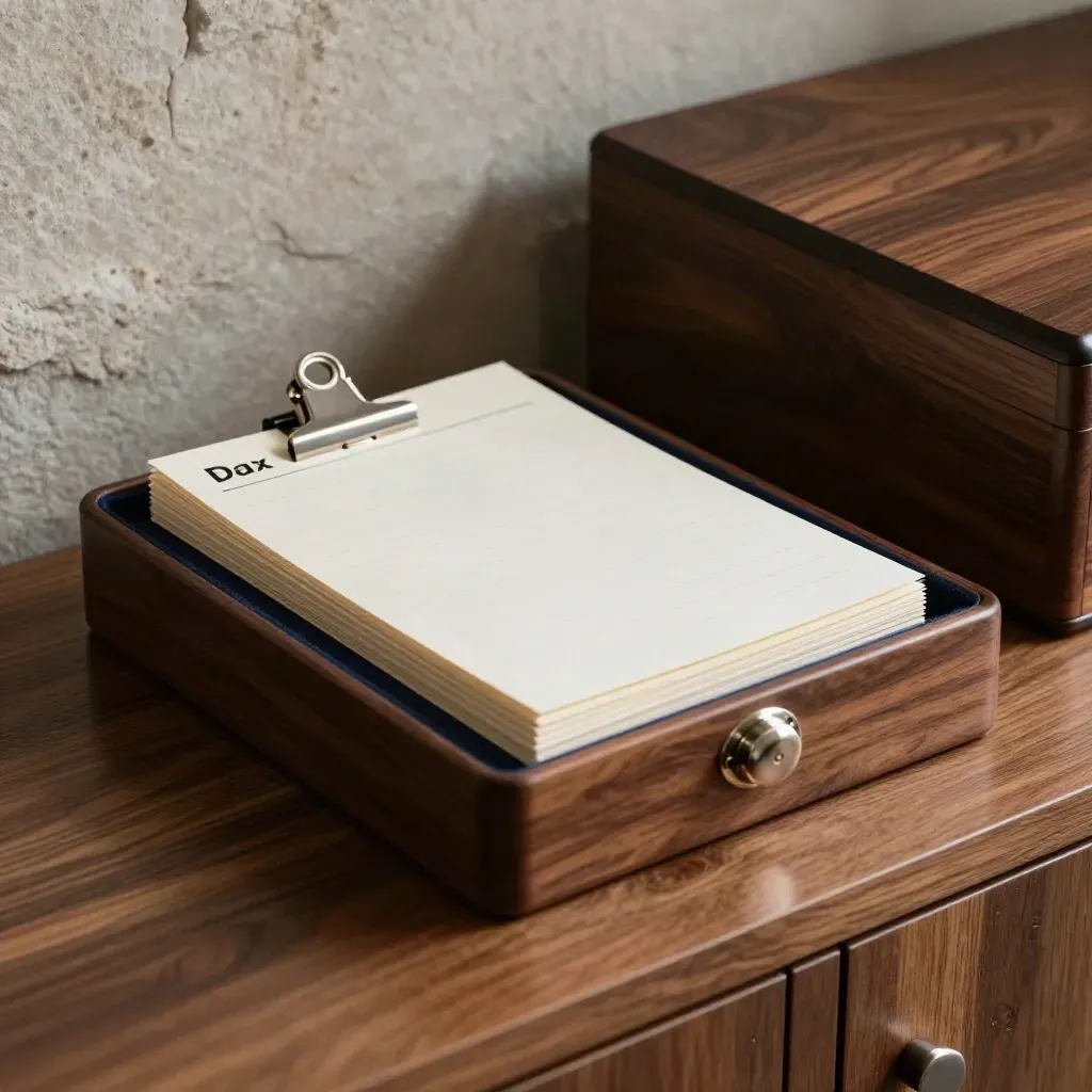 Dark walnut advisory box, metal seal and clipped cards on a smoked walnut credenza.