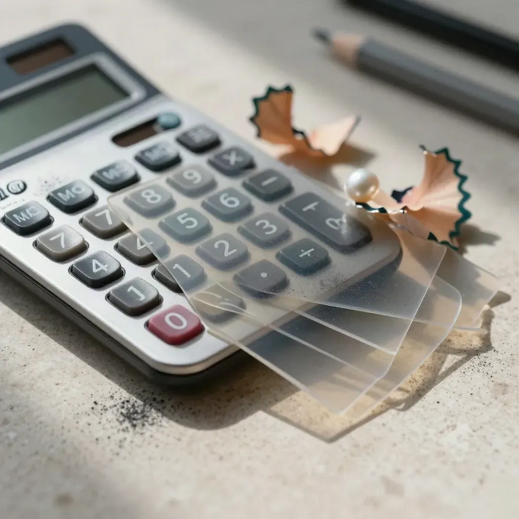 Calculator, graphite shavings and acetate overlays on pale stone in soft directional light.