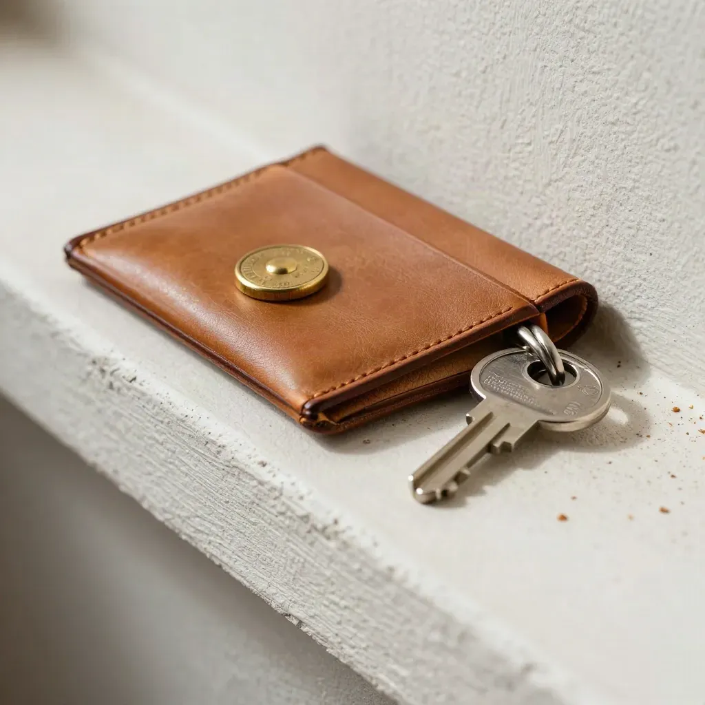 Leather card case, brass seal and steel key ring on a plaster ledge in soft daylight.