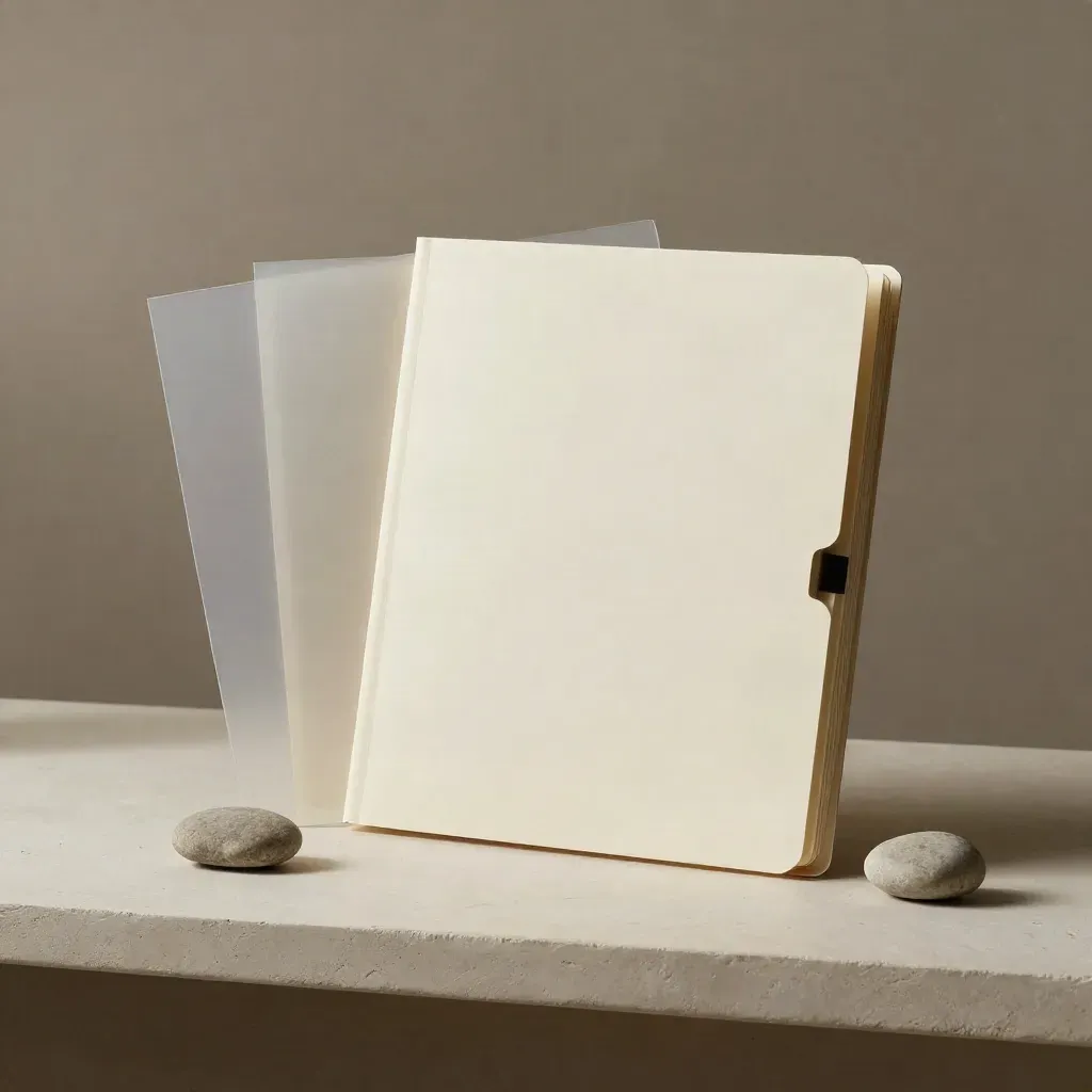 Empty project folder, translucent sleeves, and stone weight on a pale shelf in soft light.