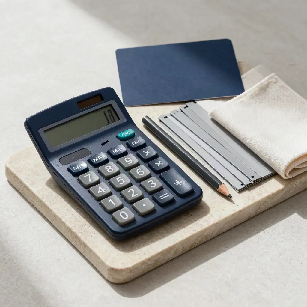 Top-down finance still life with calculator, acetate overlays, pencil stub and dividers on stone.