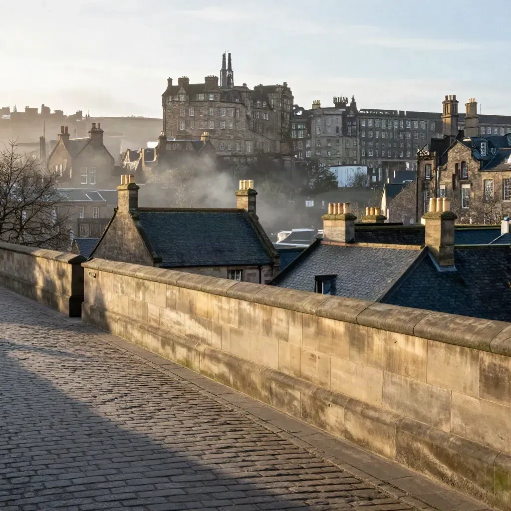 Edinburgh Castle above misty Old Town rooftops at dusk, with calm stone foreground