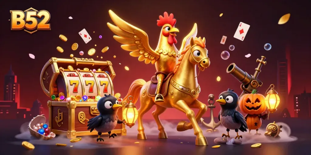 B52 platform showcases a golden rooster character in a vibrant casino with slot reels and gold coins exploding