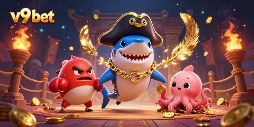 Engage with thrilling v9 bet adventures featuring a pirate shark, pufferfish, and octopus in a vibrant casino setting.