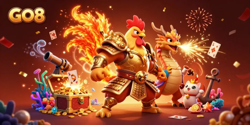 Engage with GO8 as a fiery battle unfolds between a rooster warrior and a dragon hatchling amidst casino treasures.