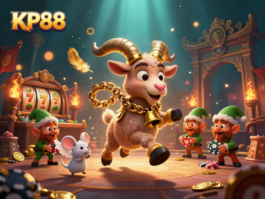 Experience the thrill of KP88 with cartoon characters engaging in festive casino activities filled with gold coins and game excitement.