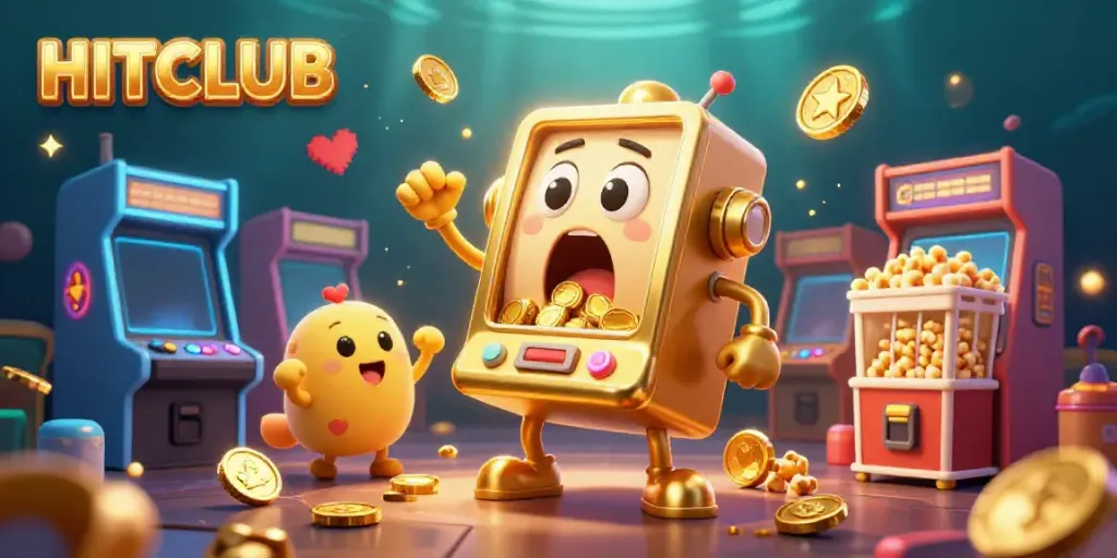 Experience the excitement at HITCLUB with a joyful golden slot machine celebrating its jackpot while surrounded by colorful gaming elements.