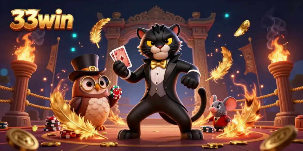 Dynamic 3D illustration of the 33win online casino featuring a stylish panther dealer, an owl with poker chips, and a lucky mouse.