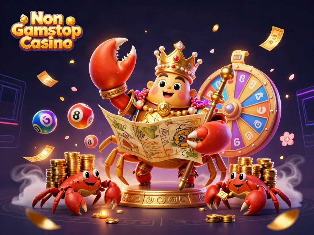 Engage in thrilling gameplay with a Non Gamstop Casino as a golden crab emperor oversees a vibrant, energetic scene.