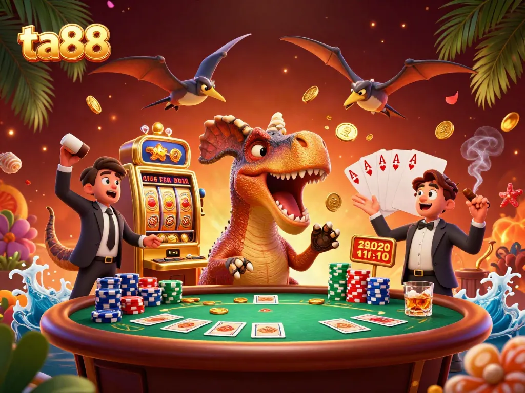 ta88 showcases a pachycephalosaurus activating a golden slot machine while casino elements capture the excitement.