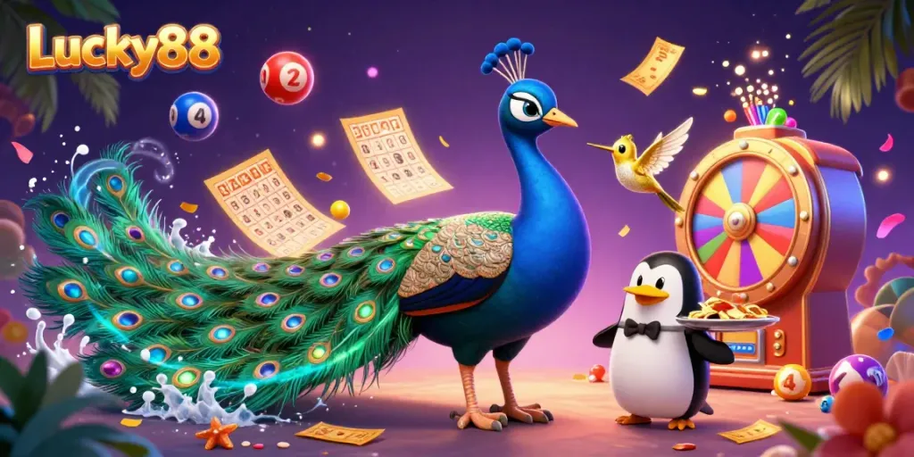 Experience the excitement of Lucky88 with dynamic casino elements featuring a lavish peacock and butler penguin in vibrant 3D