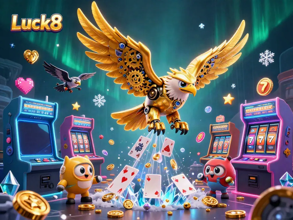 Experience thrilling casino action with Luck8 as a golden eagle dives amidst holographic cards and colorful gaming elements.