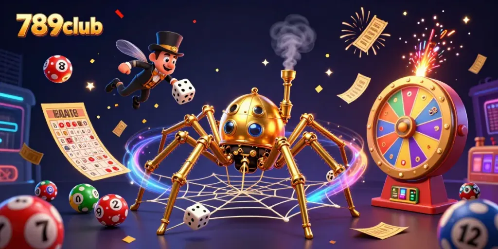 Experience winning thrills with 789club as vibrant gaming elements explode in a colorful steampunk web.