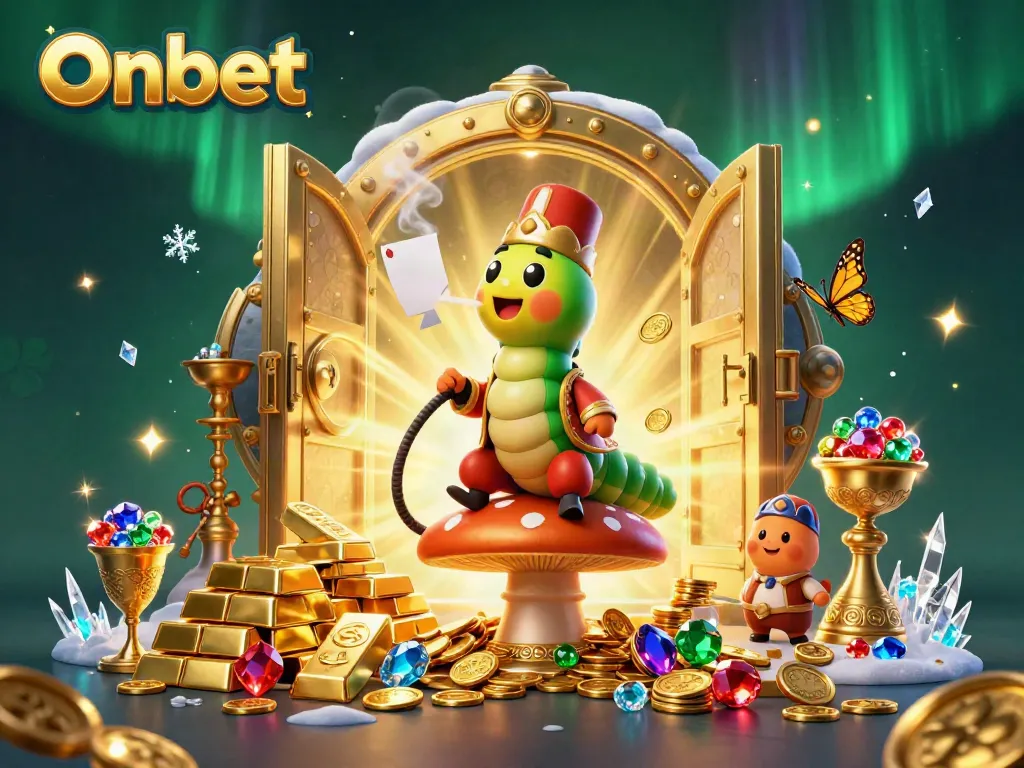 Engage with Onbet's vibrant casino scene featuring a whimsical caterpillar master and golden treasures.