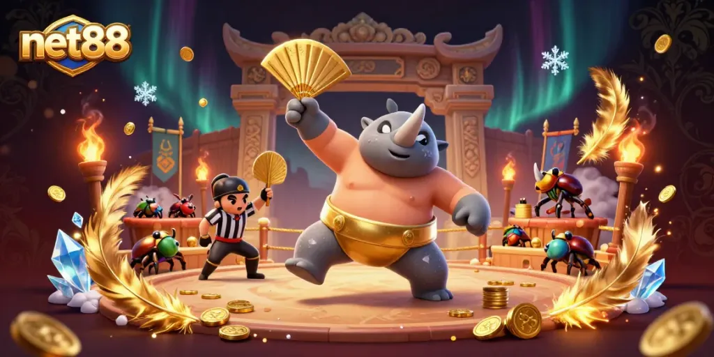 Experience thrilling action at net88 with a sumo beetle champion celebrating a big win!