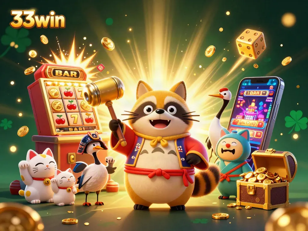 33win players enjoying a vibrant casino scene with immersive game elements and cheerful characters.